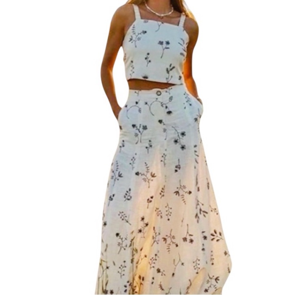 NWOT TIKTOK VIRAL ZARA EMBROIDERED LINEN BLEND ECRU SKIRT & TOP SET - SIZE S